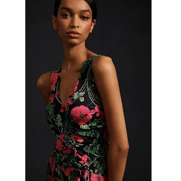 NEW Anthropologie Maeve Ruched Midi Dress Pink Black Floral V-Neck Sleeveless - Picture 3 of 4